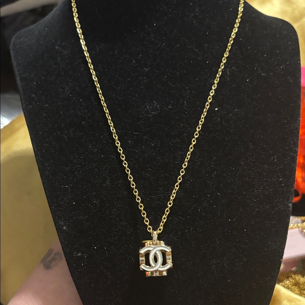 CC Gold Tone & White Enamel Pendant Necklace 3D